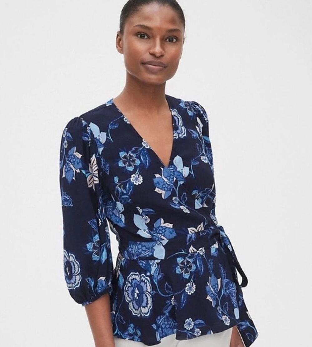 NEW GAP Women's Wrap Blouse Top Navy Floral 3/4 Blouson Sleeve Small Office